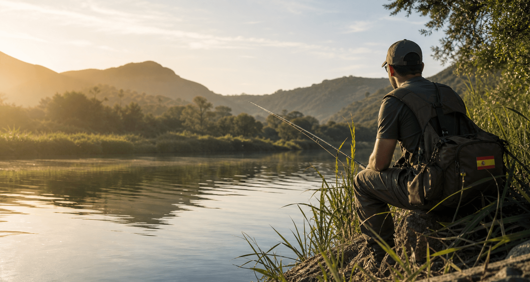Pescador en agua dulce en un paisaje natural de España